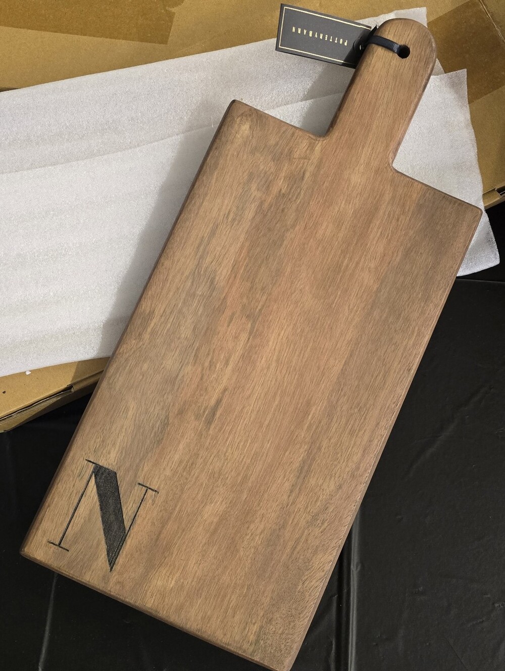 Pottery Barn Cutting Board with N initial. New in box.